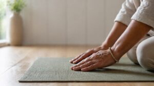 Close-up of a woman's hands resting on a Pilates mat, mid-breath.