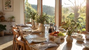 Retreat breakfast table â€” slow food, quiet morning, no phones.