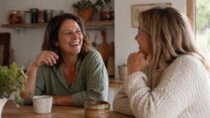 Two women at a kitchen bench, laughing together.
